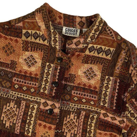 Vintage Tribal Print Jacket 1990s Cotton Long Coat Brown Abstract Print Small - Picture 4 of 5